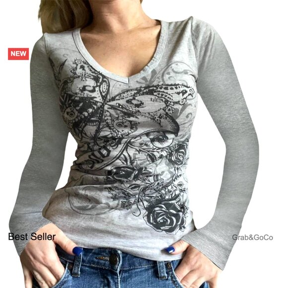 Tops - Y2K Fairy Grunge Graphic Long Sleeve Tee Retro Streetwear Crop Top